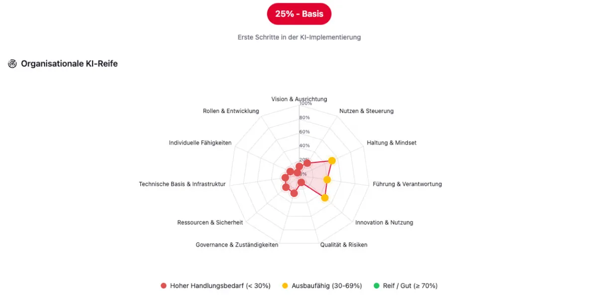 Beispielergebnis des KI-Reifegrad-Checks: ein Radar über alle Dimensionen mit dem Reifegrad der Organisation